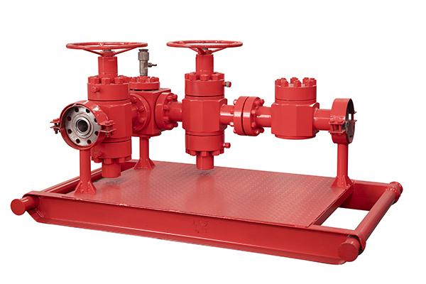 Red Colour painted choke manifold a petroleum machinery valve isolated on the white background from the best industrial valve manufacturer & supplier in Indonesia
