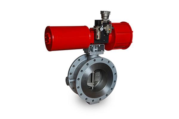 double eccentric butterfly valve with stainless steel circular bottom part and red color parts attached to its side from Oilway manufacturer of industrial valves