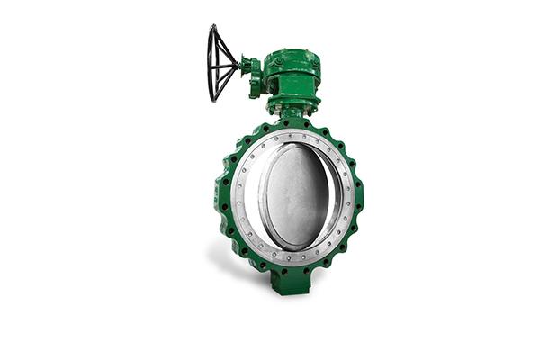 Green Colour triple offset butterfly valves isolated under white background